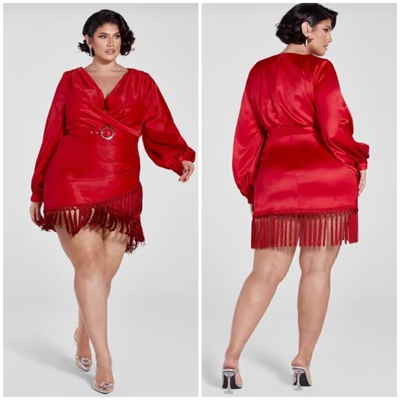 FTF Belted Satin Mini Dress With Tassels - Picture 1 of 14